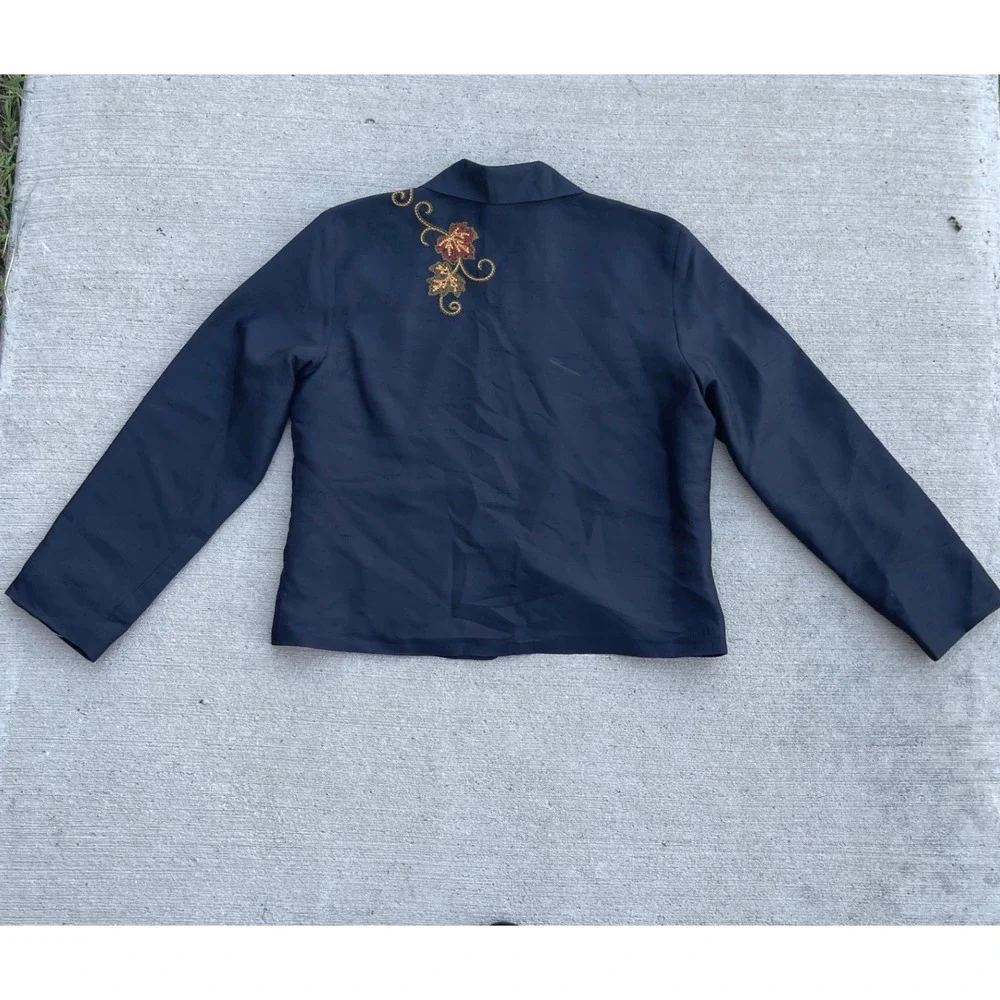 SLB Womens Navy Blue 100% Silk Embroidered Leaf Button Front Jacket Size 10
